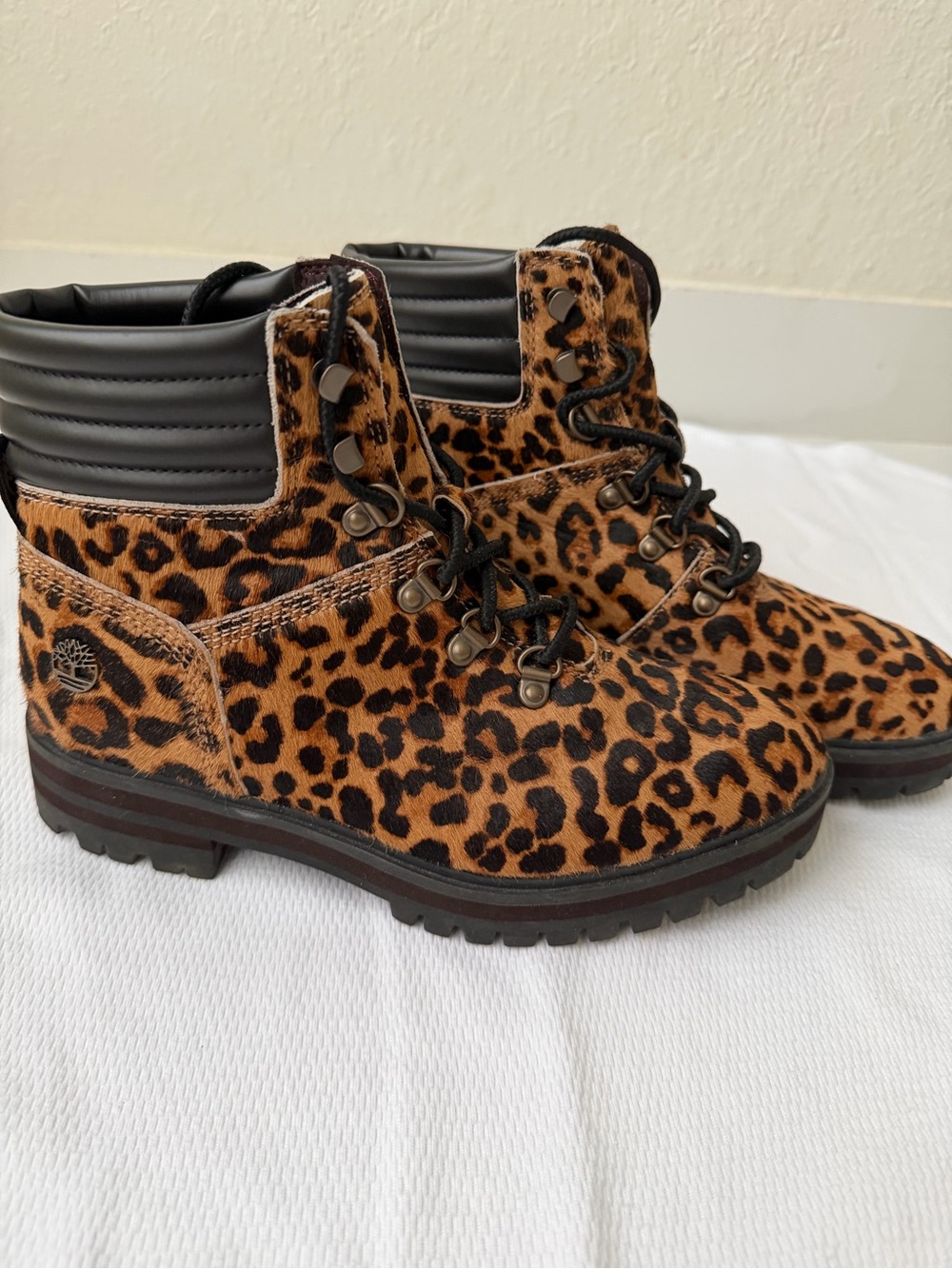 Timberland Leopard Print Lace-Up Ankle Boots in Brown and Black